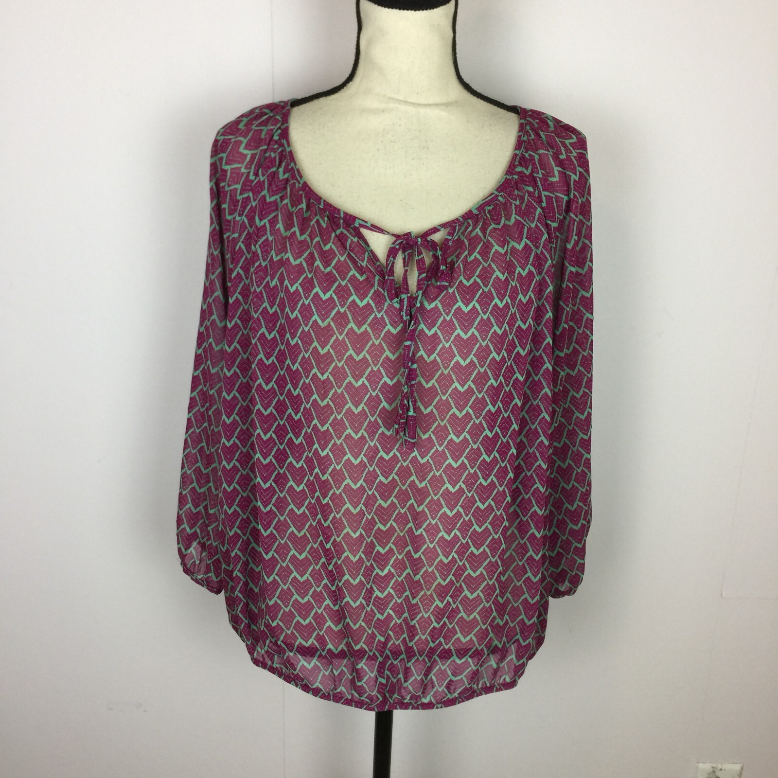 Olivia Moon Peasant Blouse Top XL Womans Purple Heart Print Sheer Elastic Waist
