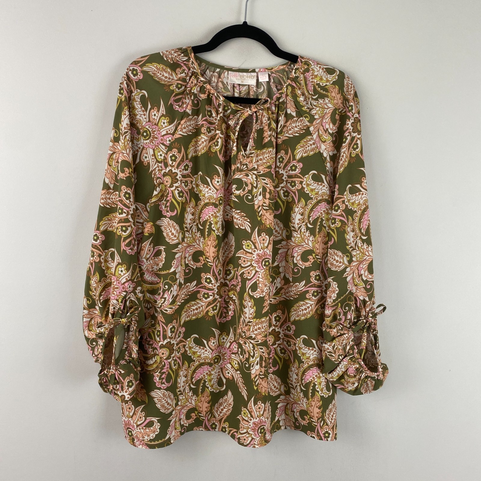 Belle Boho by Kim Gravel Free Spirit Woven Blouse Size Large Green Paisley