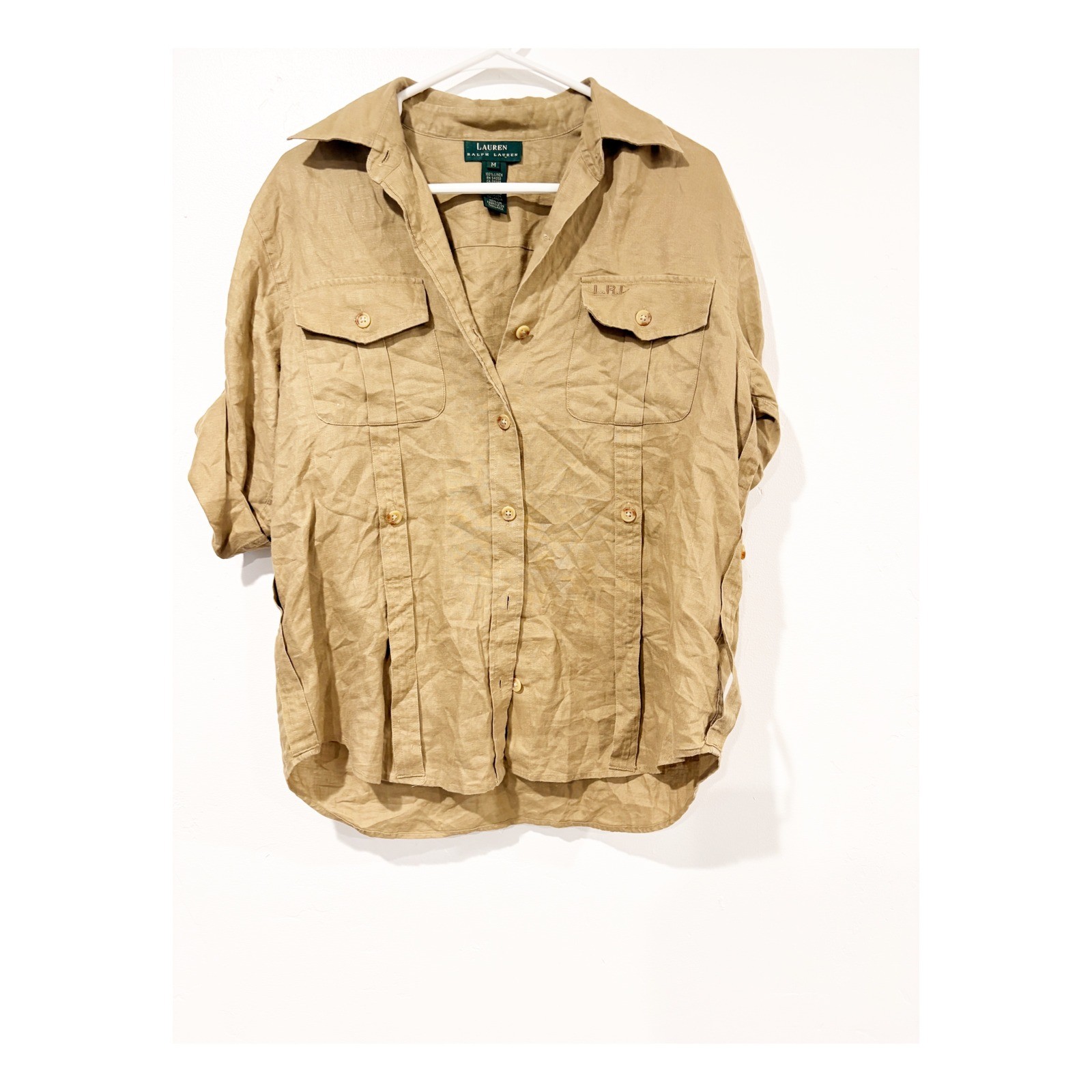 Lauren Ralph Lauren Tan Linen Safari Shirt Roll Tab Sleeve Utility Top Khaki M