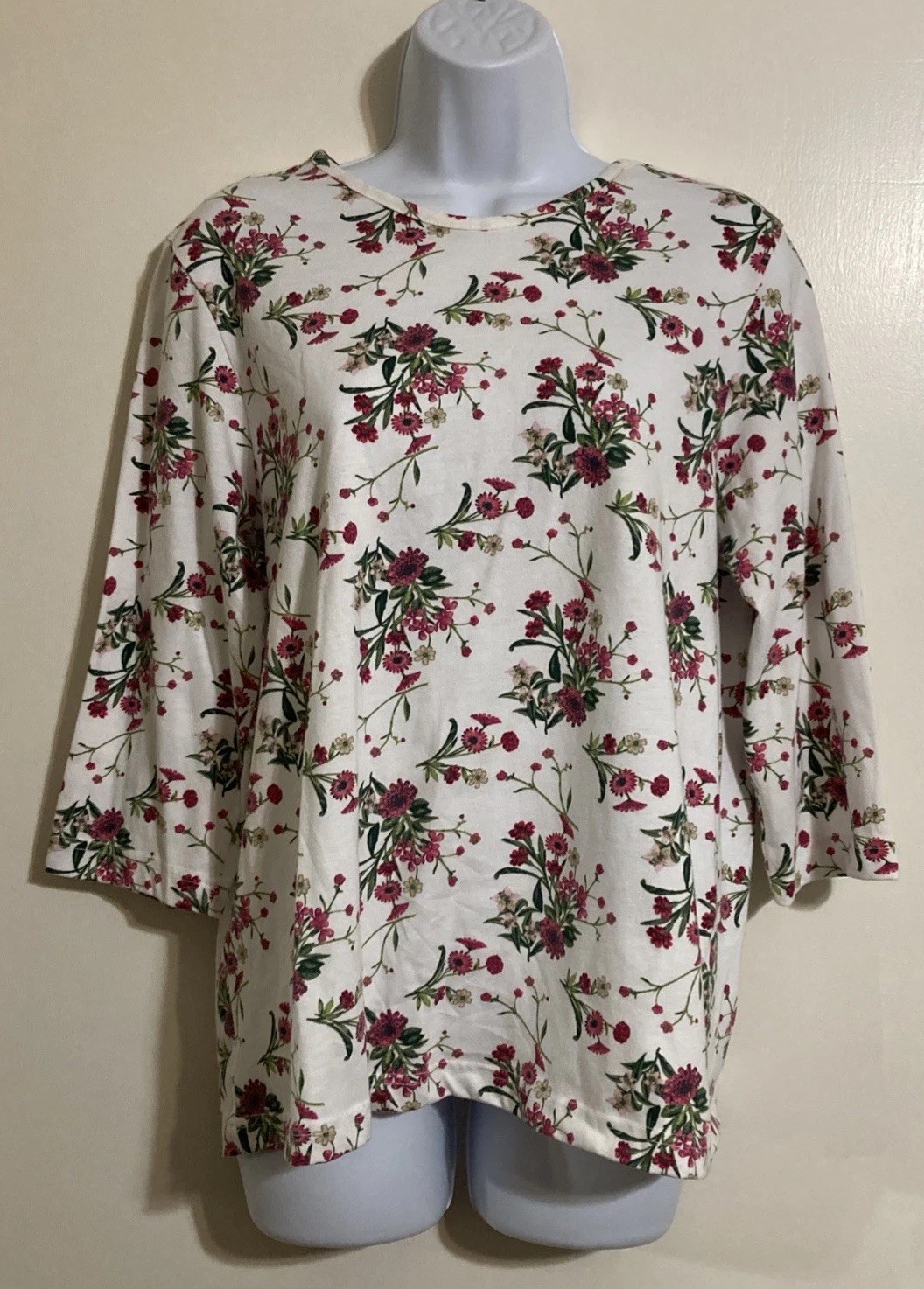 Women Blair White Floral Design 3/4 Sleeve Pullover Cotton Blend Top Sz M