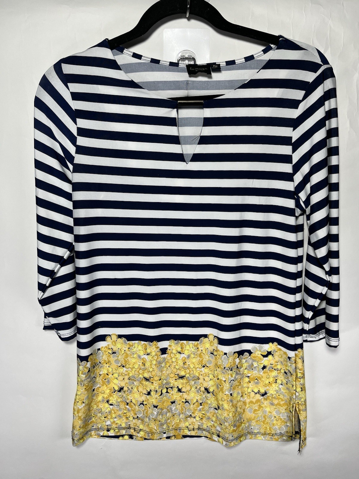 La Vanya Navy White Stripe Tunic Top With Floral Detail Sz PM Nautical Preppy
