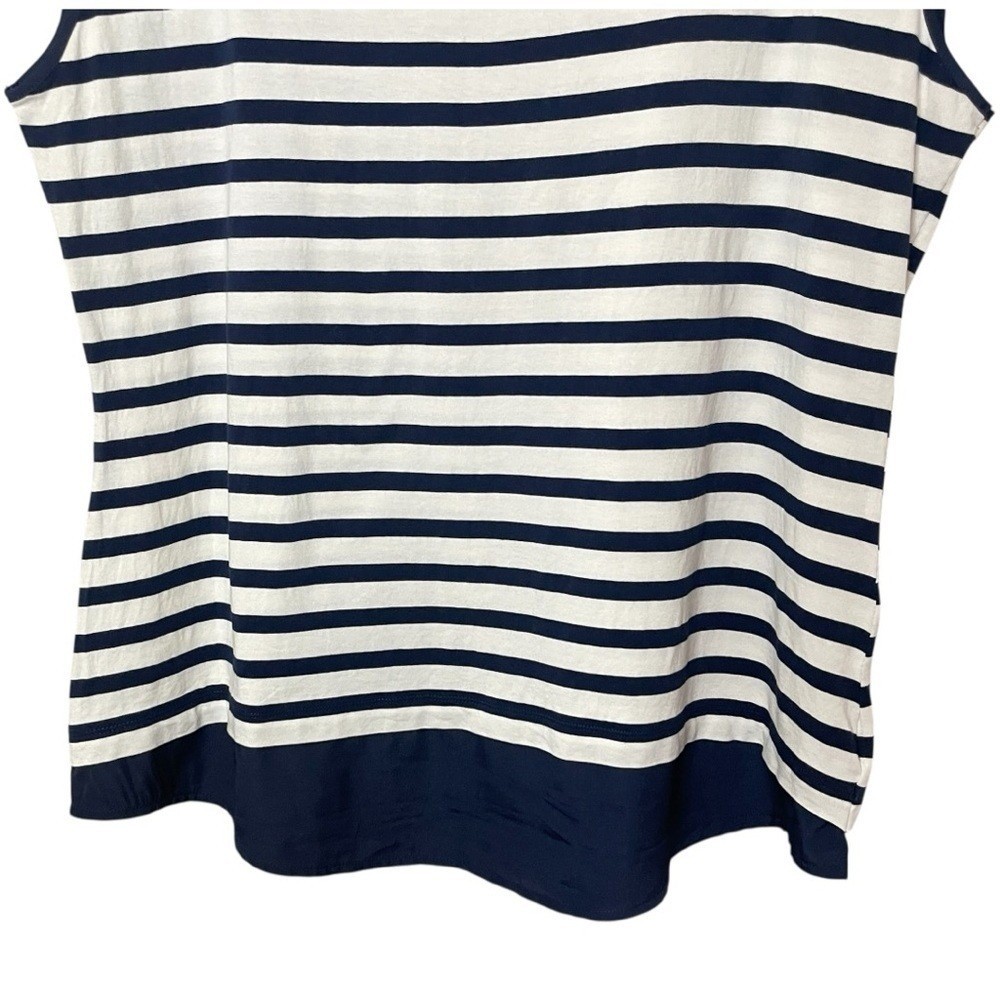 ANNE KLEIN NWOT White & Navy Sailor Striped Cap-Sleeve Top, Gold Logo Zipper, 1X