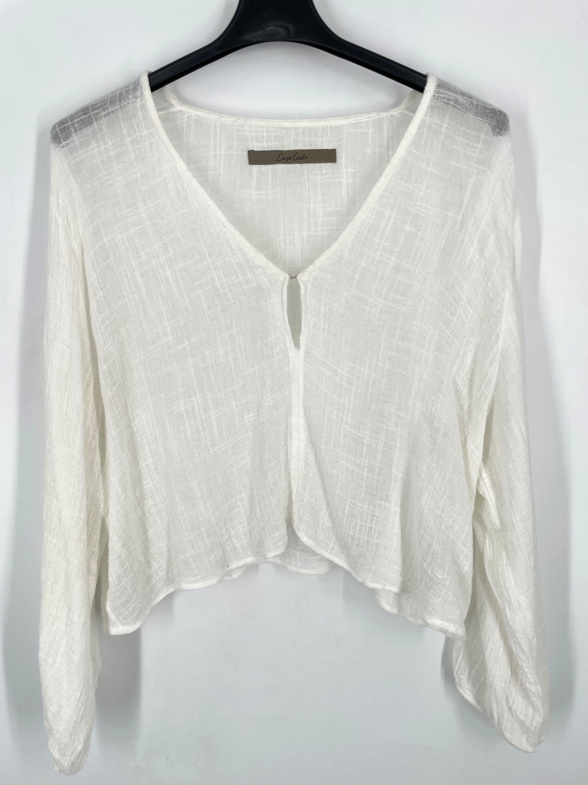 Enza Costa Womens size 2 Cropped Gauze White V-Neck 100% Cotton Long Sleeve top