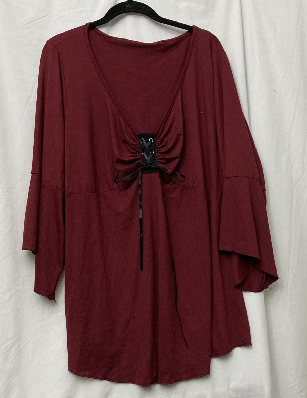 Temu Women’s Maroon Grommet Eyelet Lace Up Ruched V-Neck Top w/3/4 Sleeves – 4XL
