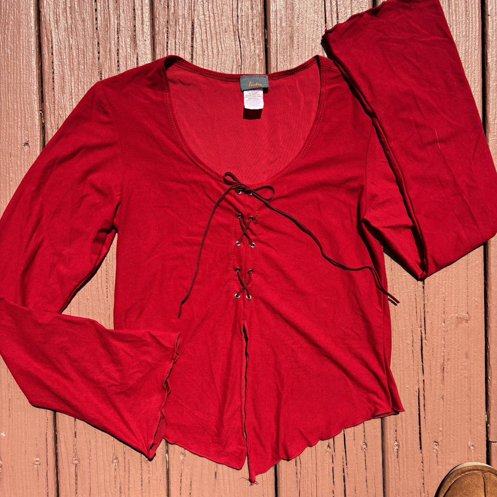 Hiatus Red Lace-Up Eyelet V-Neck Long Sleeve Stretch Top Women’s M