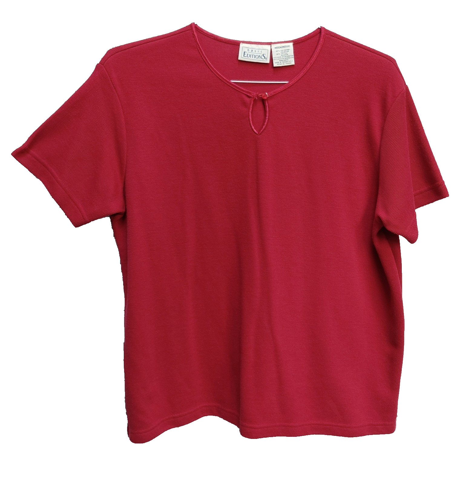M L XL XXL BASIC EDITIONS RED COTTON BLEND STRETCH RIB KNIT BUTTON KEYHOLE TOP