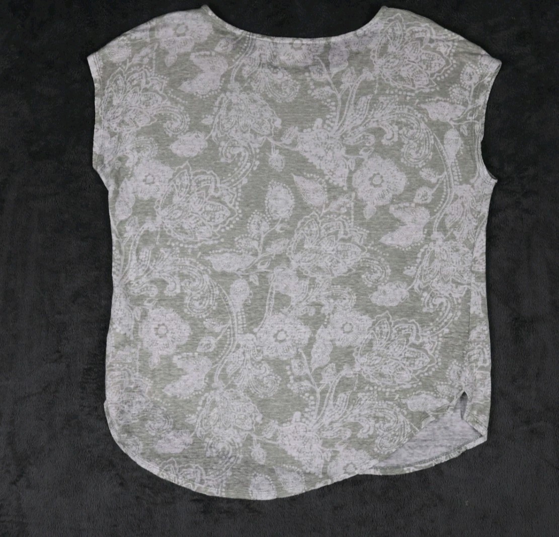 100% Linen Top W-M Green Floral Spring Easter Boho Summer Basic Casual EUC