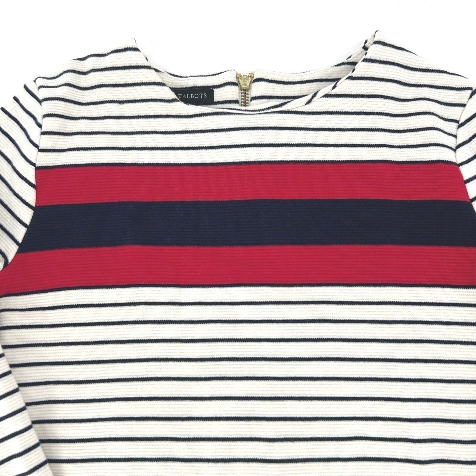 Talbots Knit Top S White Navy Red Striped Back Zip 3/4 Sleeve Nautical Preppy