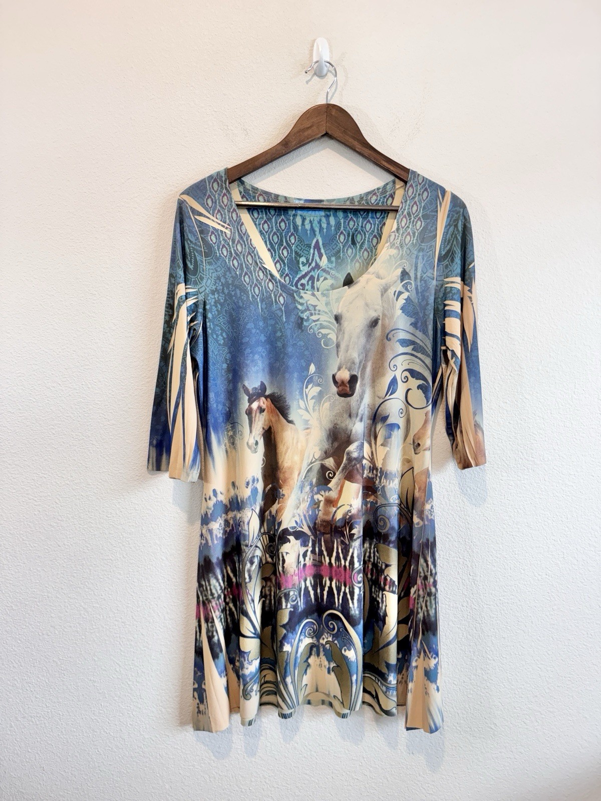 Whimsigoth Fairycore Horse Print Tunic Top Boho Western Cottagecore XL Blue E97