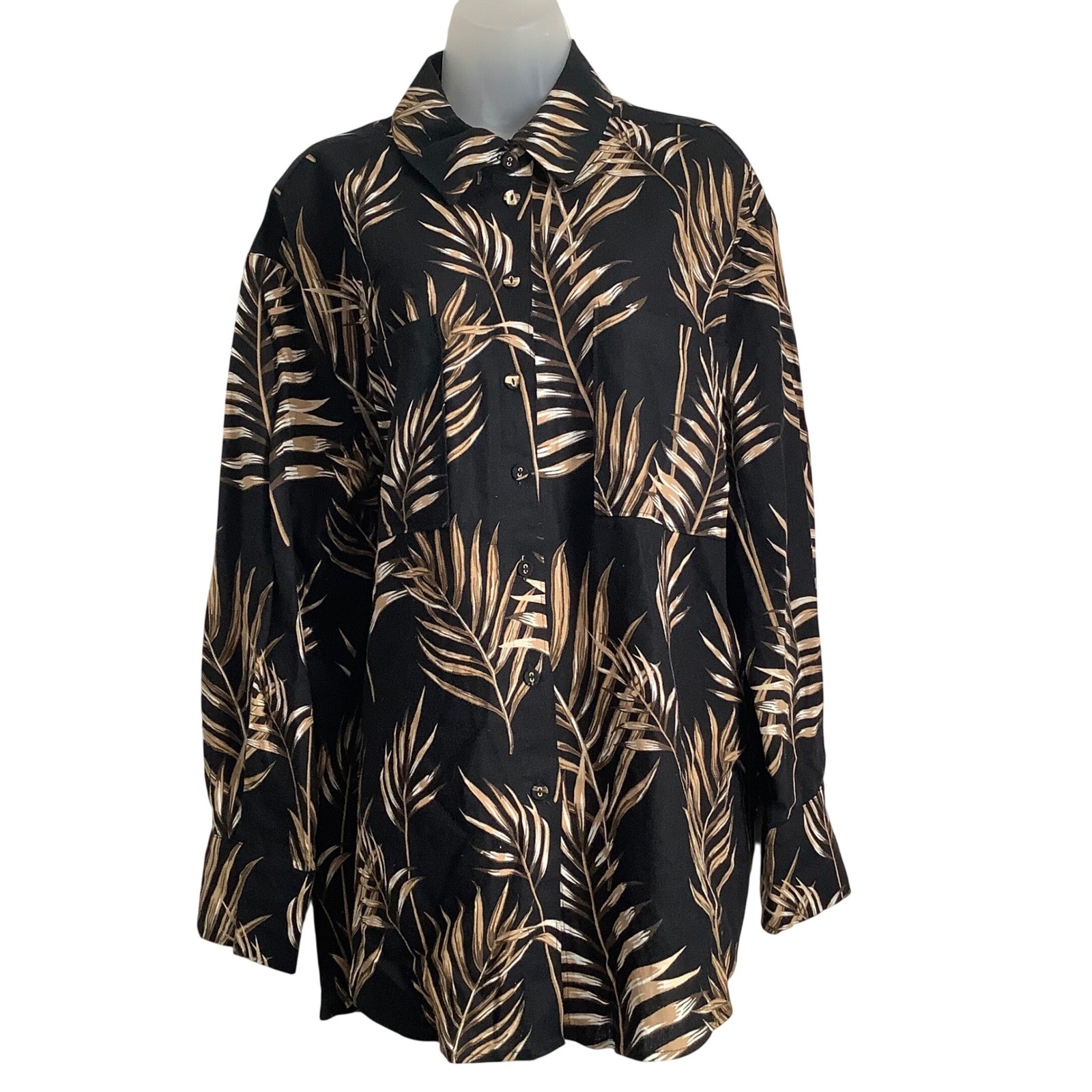 Joie Linen Rayon Palm Leaf Print Button Up Shirt Black Tan Tropical Long Sleeve