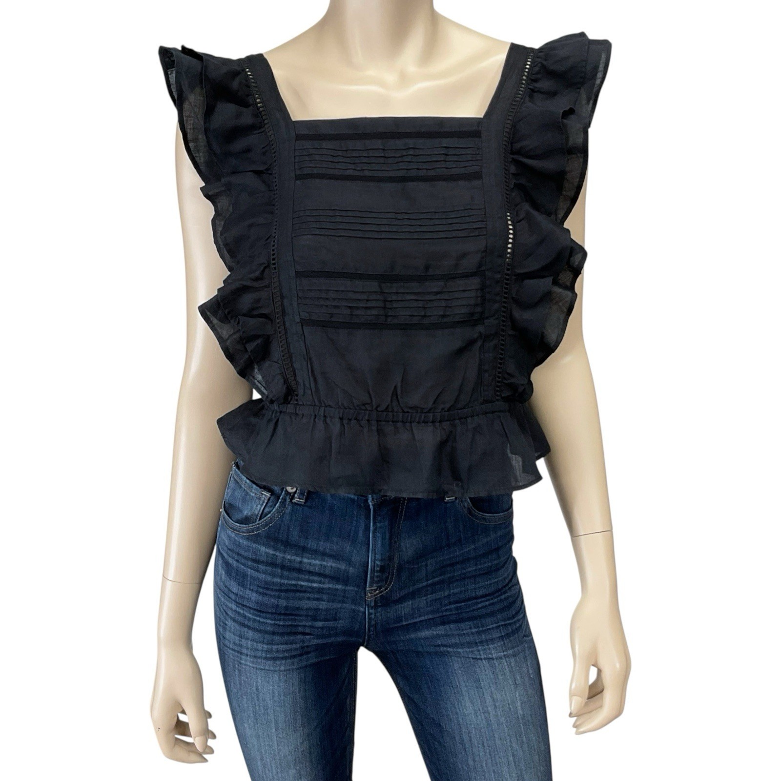 Scotch & Soda Top Women XS Black Sleeveless Ruffle Square Neck Button Ramie NWOT