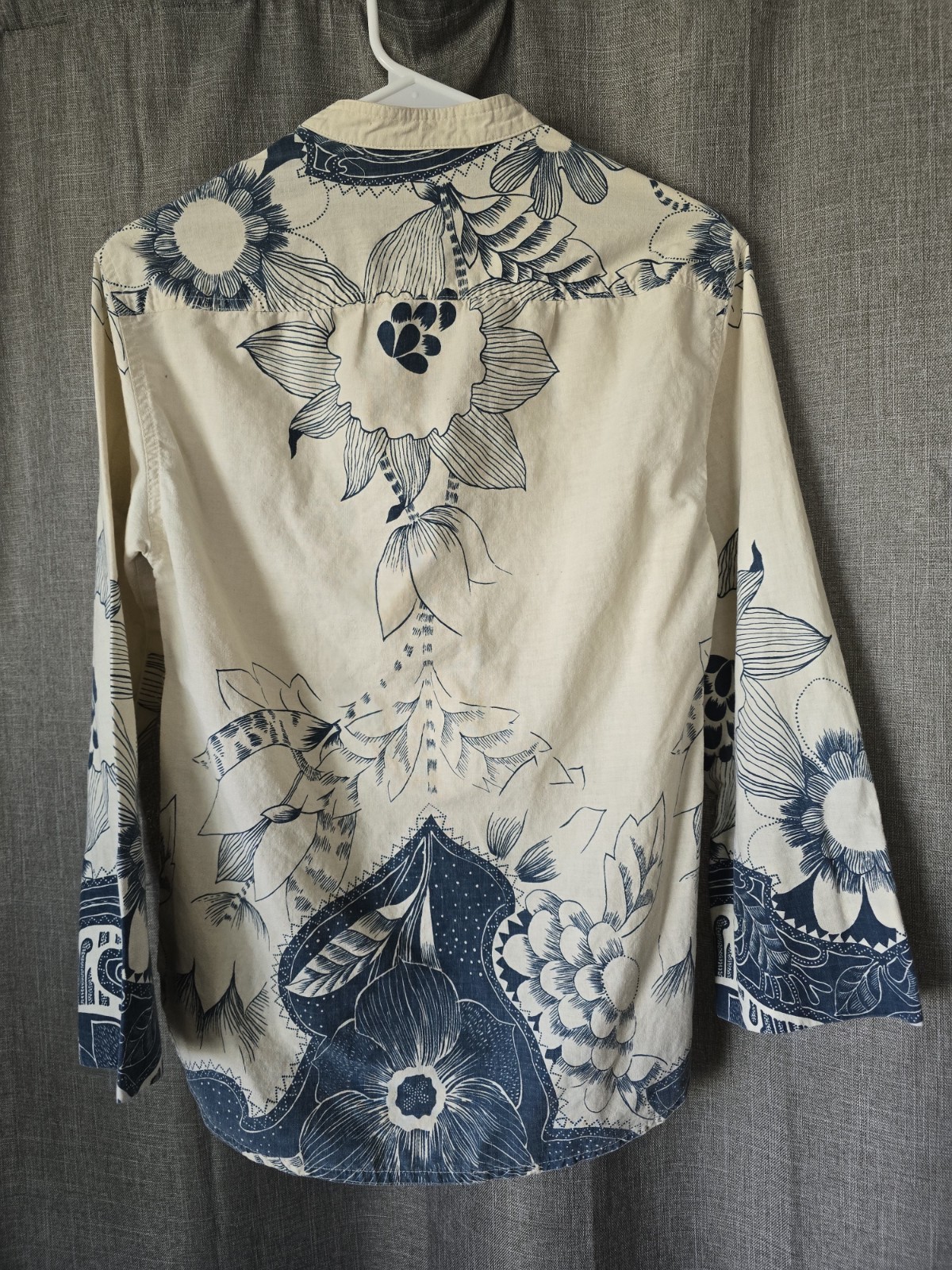 Vtg Jones New York Asian Inspired Linen Tunic Half Button Down Size 8 Cream Blue