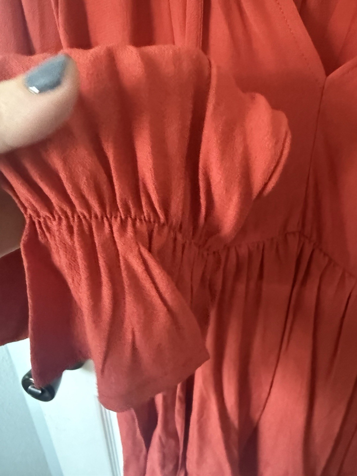 Haptics 1X Red Solid V-Neck Ruffle Long Sleeve Peasant Woven Rayon Blouse