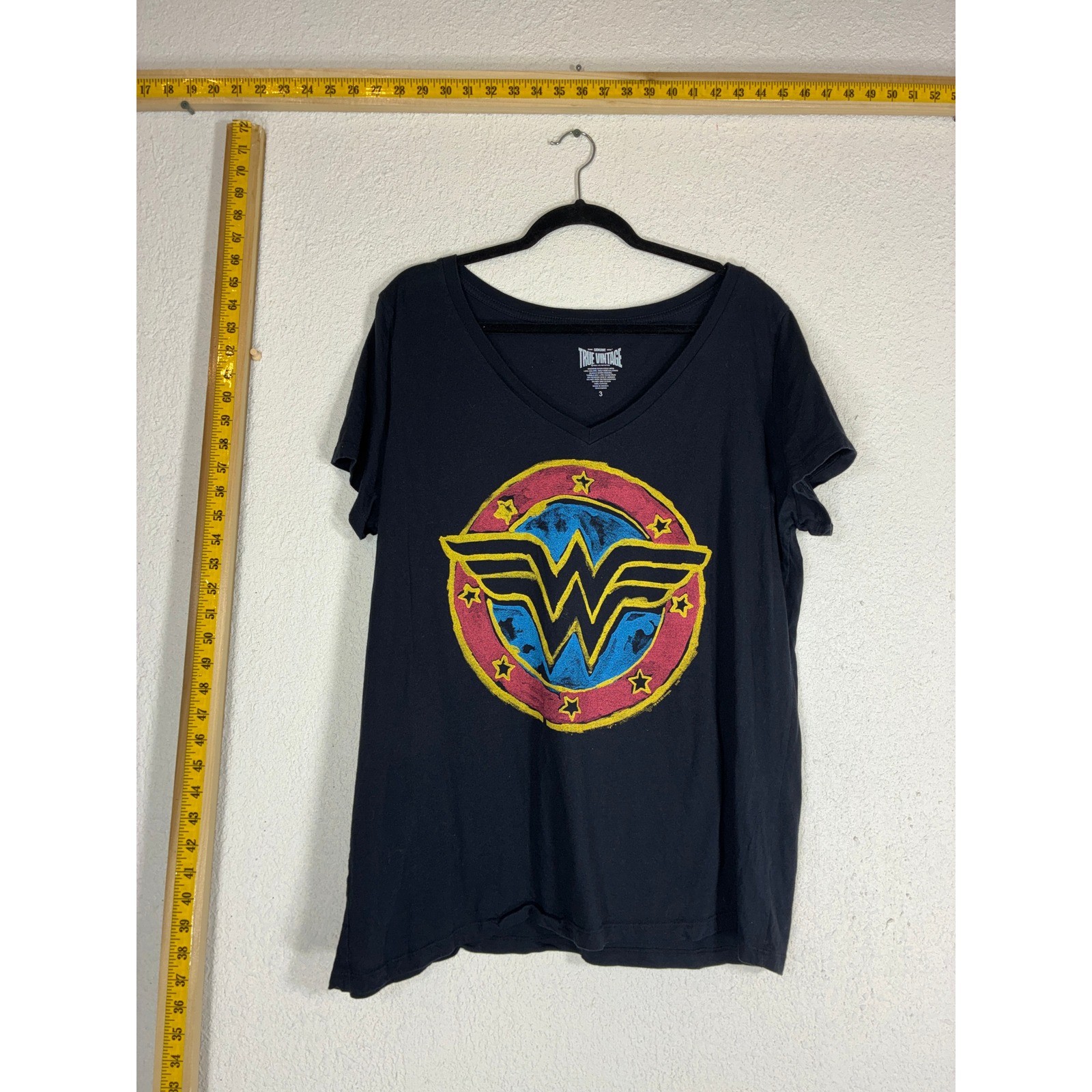 True Vintage Black Wonder Woman Graphic Tee – 3 – V-Neck Cotton Superhero Comic