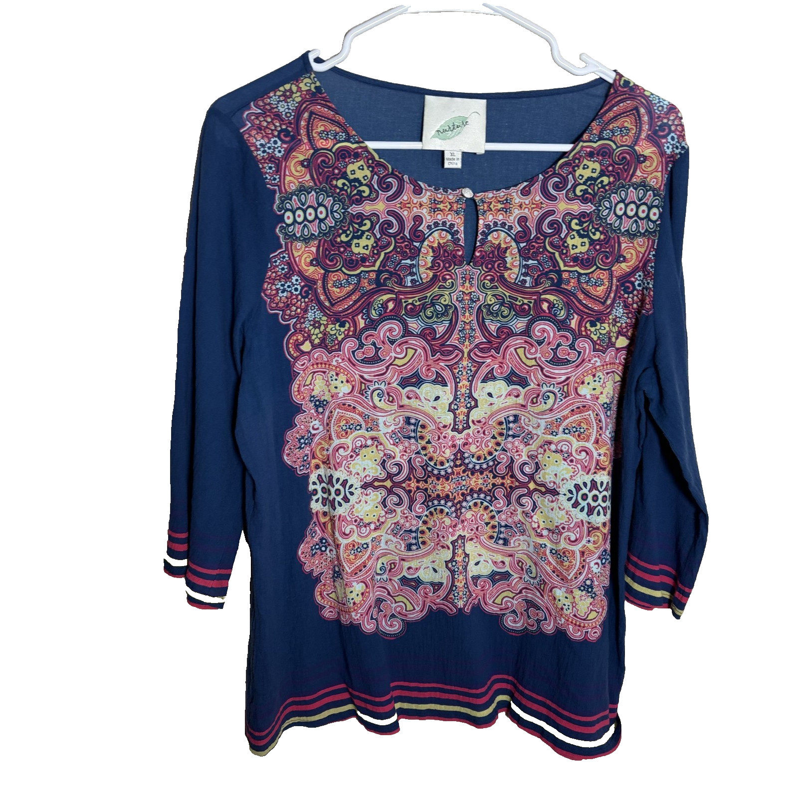 Nature Blouse Women’s XL Round Neck Keyhole 3/4 Sleeve Colorful Floral Top