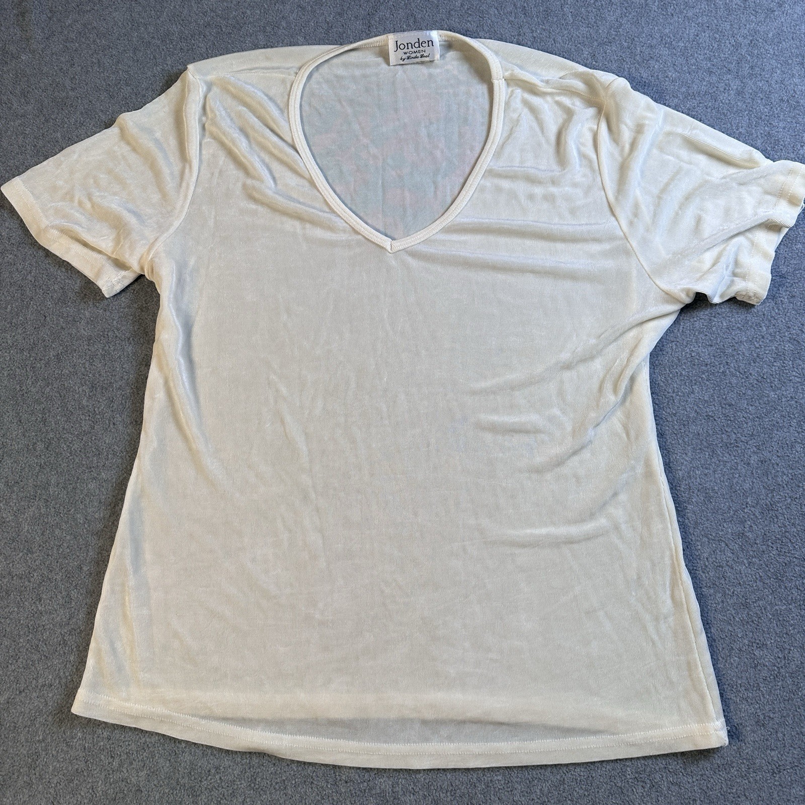 Vtg 90s Sheer Stretch Top Ivory V-Neck Jonden by Linda Leal Made in USA 1X Y2K