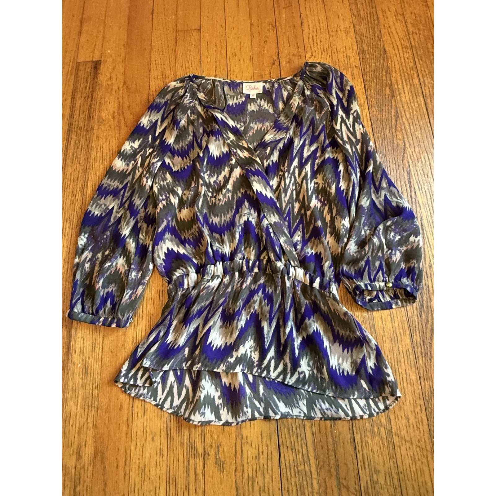 Parker Blouse Womens XS Purple Blue Gray Ikat Print Sheer Wrap V Neck 3/4 Sleeve