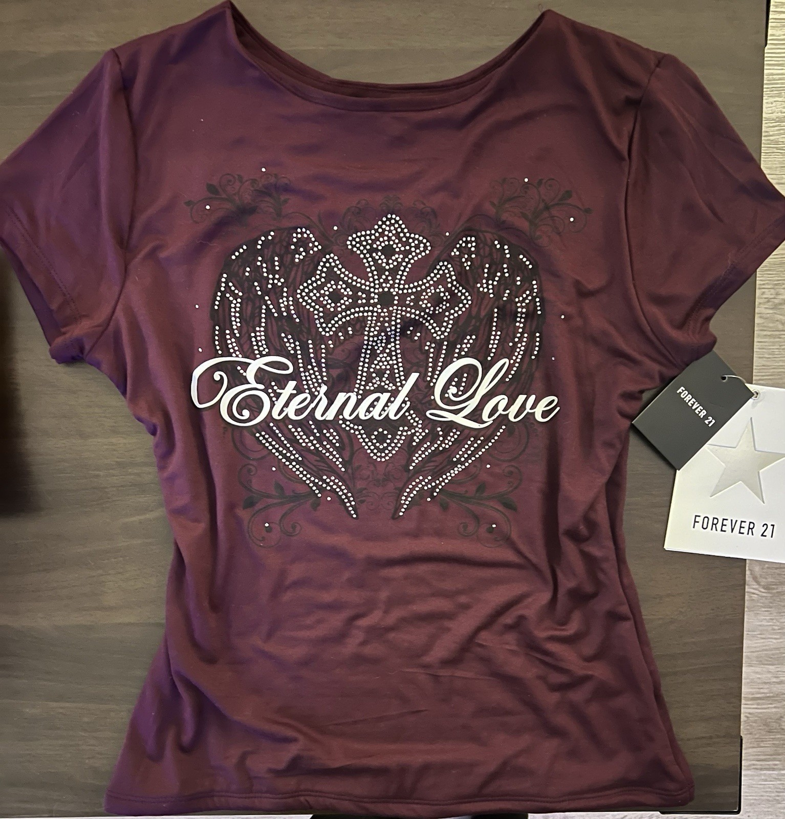 Forever 21 Short Sleeve Round Neck Eternal Love Burgundy Graphic Tee XL NWT