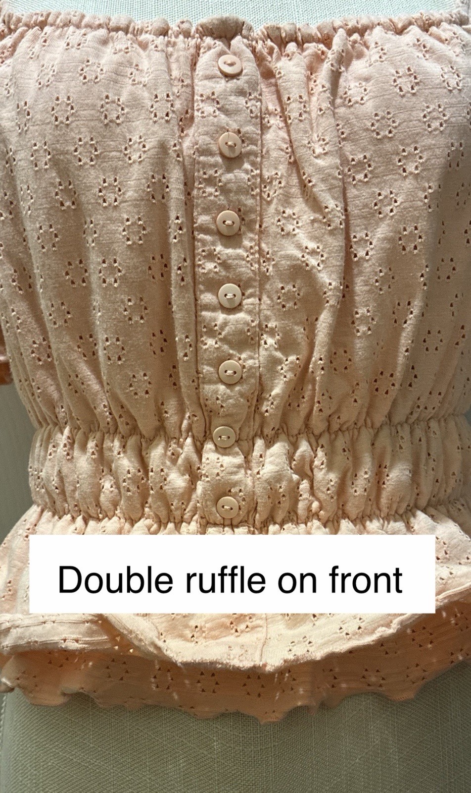 Peach / Coral Smocked Eyelet Puff Short Sleeve Square Neck Crop Cotton Blouse M