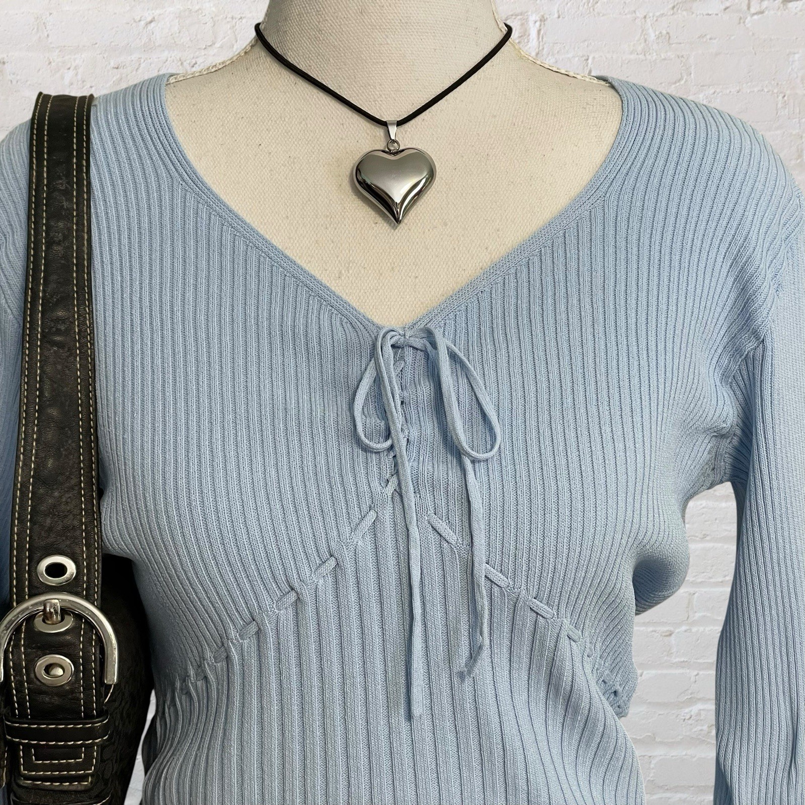 corset lace-up bow coquette top S light blue ribbed preppy fairy y2k feminine