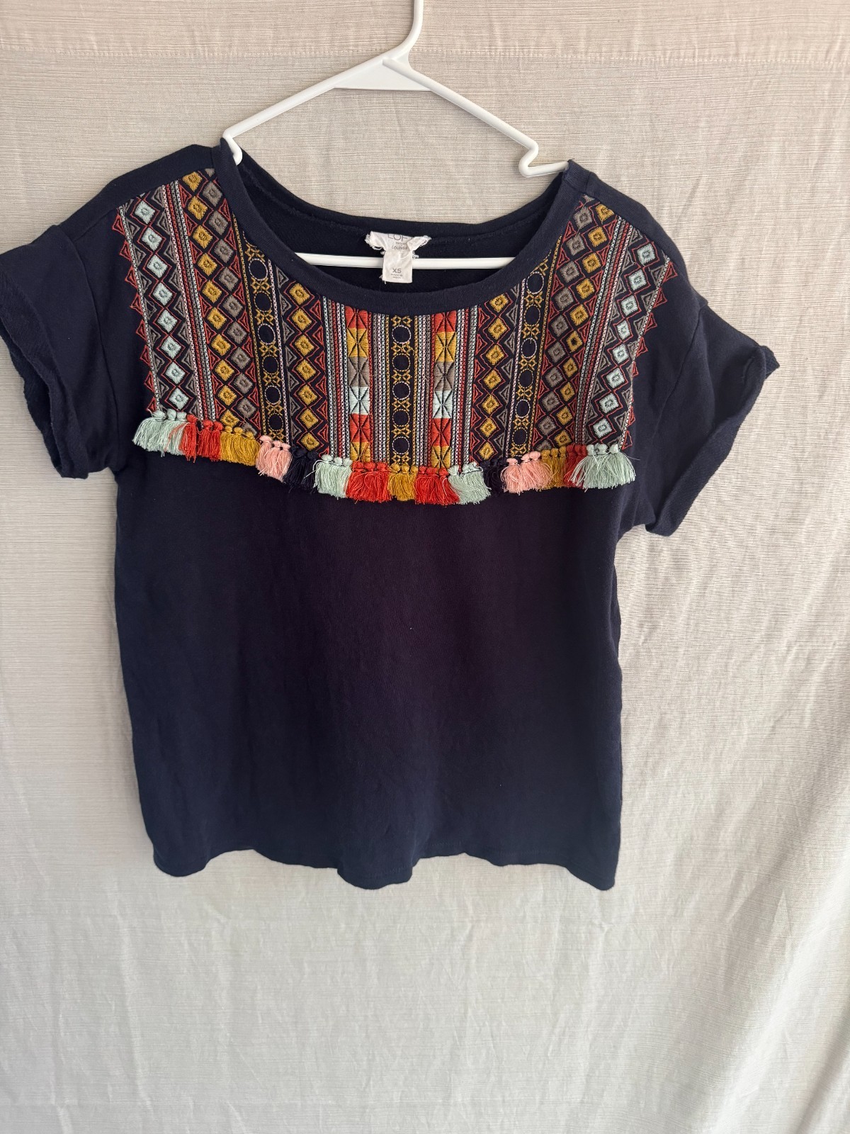 LOFT Lounge Embroidered Top Womens XS Black Boho Tassel Fringe Knit Short Sleeve
