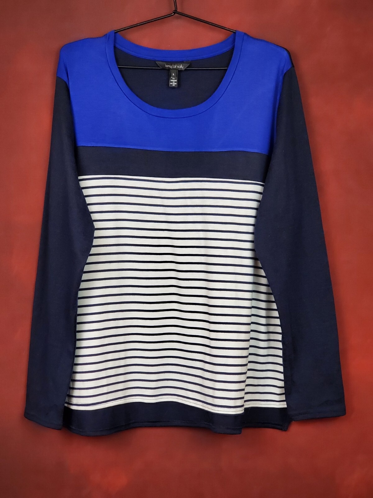 Long Tall Sally Long Sleeve Tunic Top L Tall Hi-Low Blueberry Black Mesh Stripes