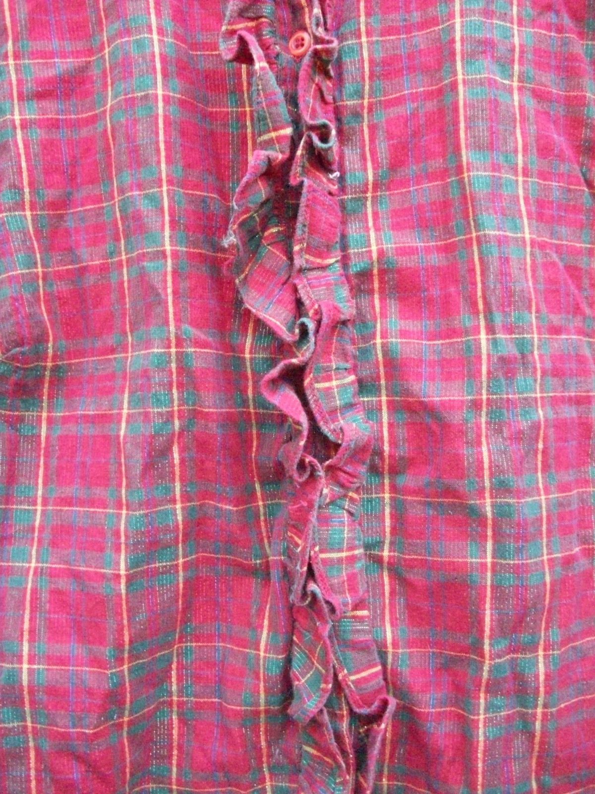 Citicraze blouse size XL COTTON tartan plaid red green gold thread ruffle front