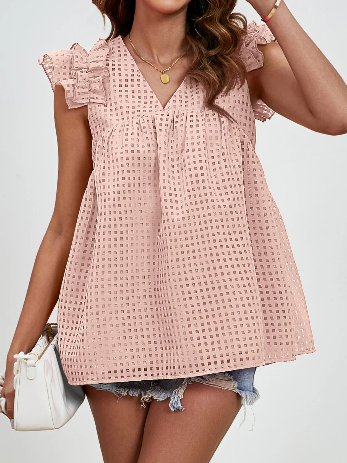 Women Ruched V-Neck Cap Sleeve Blouse