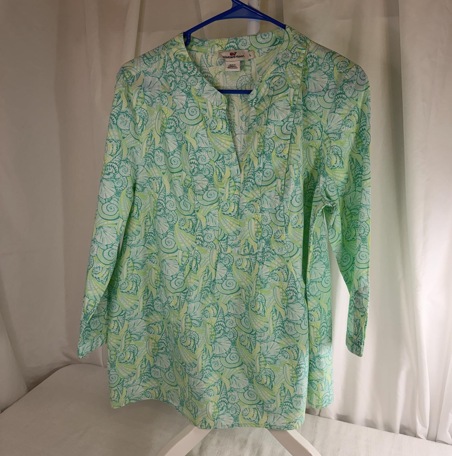 Vineyard Vines Women’s Green Shell 100% Cotton V-Neck 3/4 Sleeve Tunic L