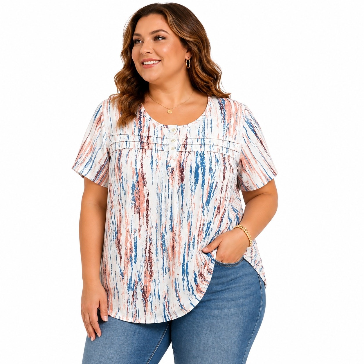 Fantaslook Abstract Print Blouse White Multi XL Short Sleeve
