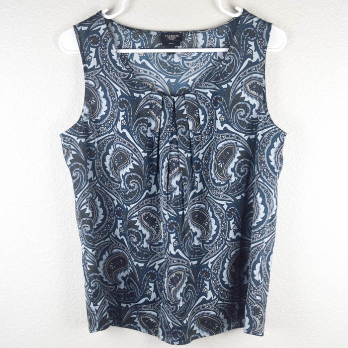 Talbots Womens 10P Blue Paisley Pleated Front Stretch Silk Tank Top Satin