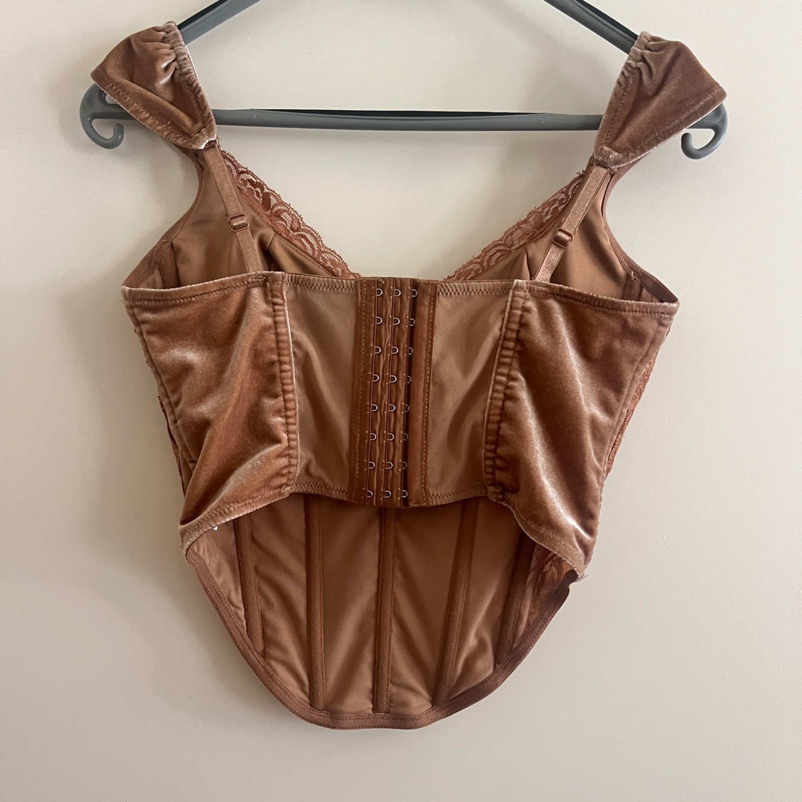 Forever 21 Velvet Boned Corset Bustier Top M Tan Lace Whimsigoth Coquette Bow