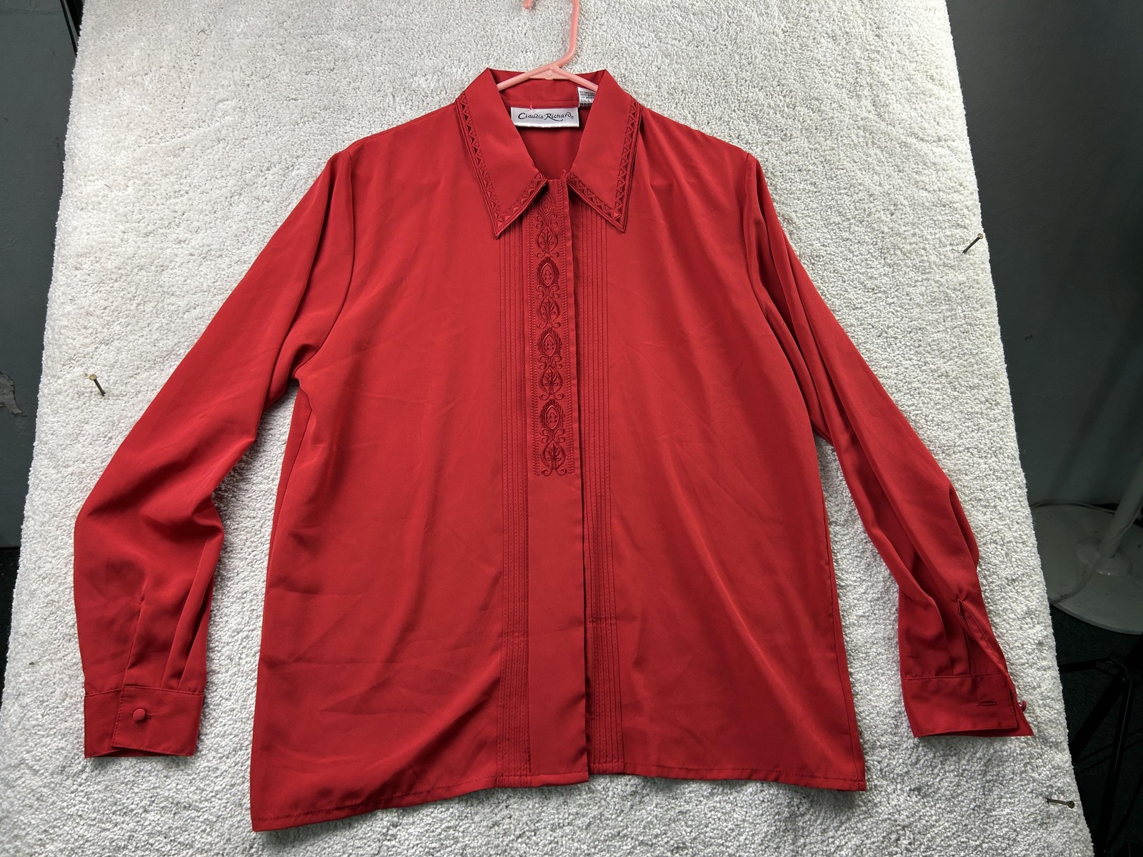 Claudia Richard Blouse Womens 12 Red Embroidered Button Front Long Sleeve Top