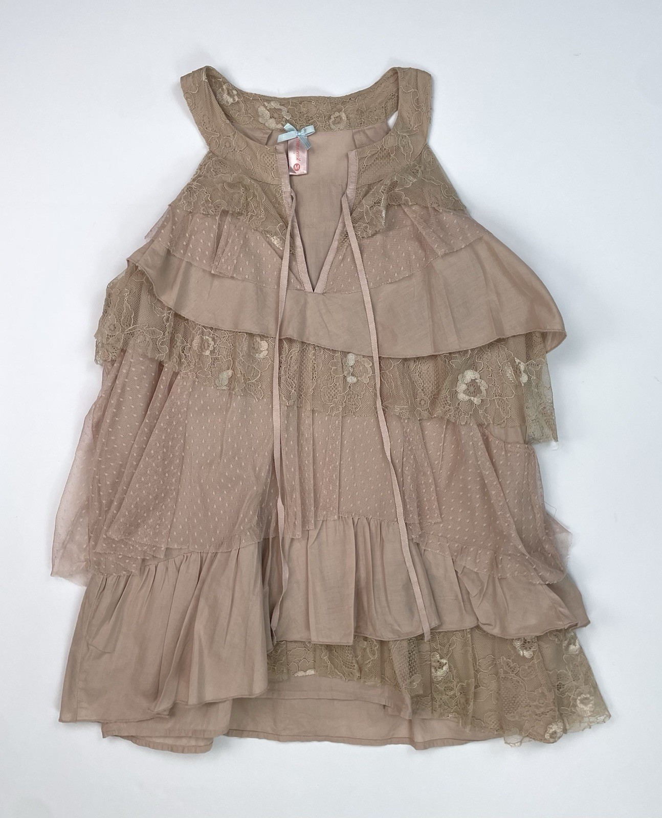 Beige Fairy Tank Top Women M Ruffle Tiered Boho Chic Western Layer Prairie Lace
