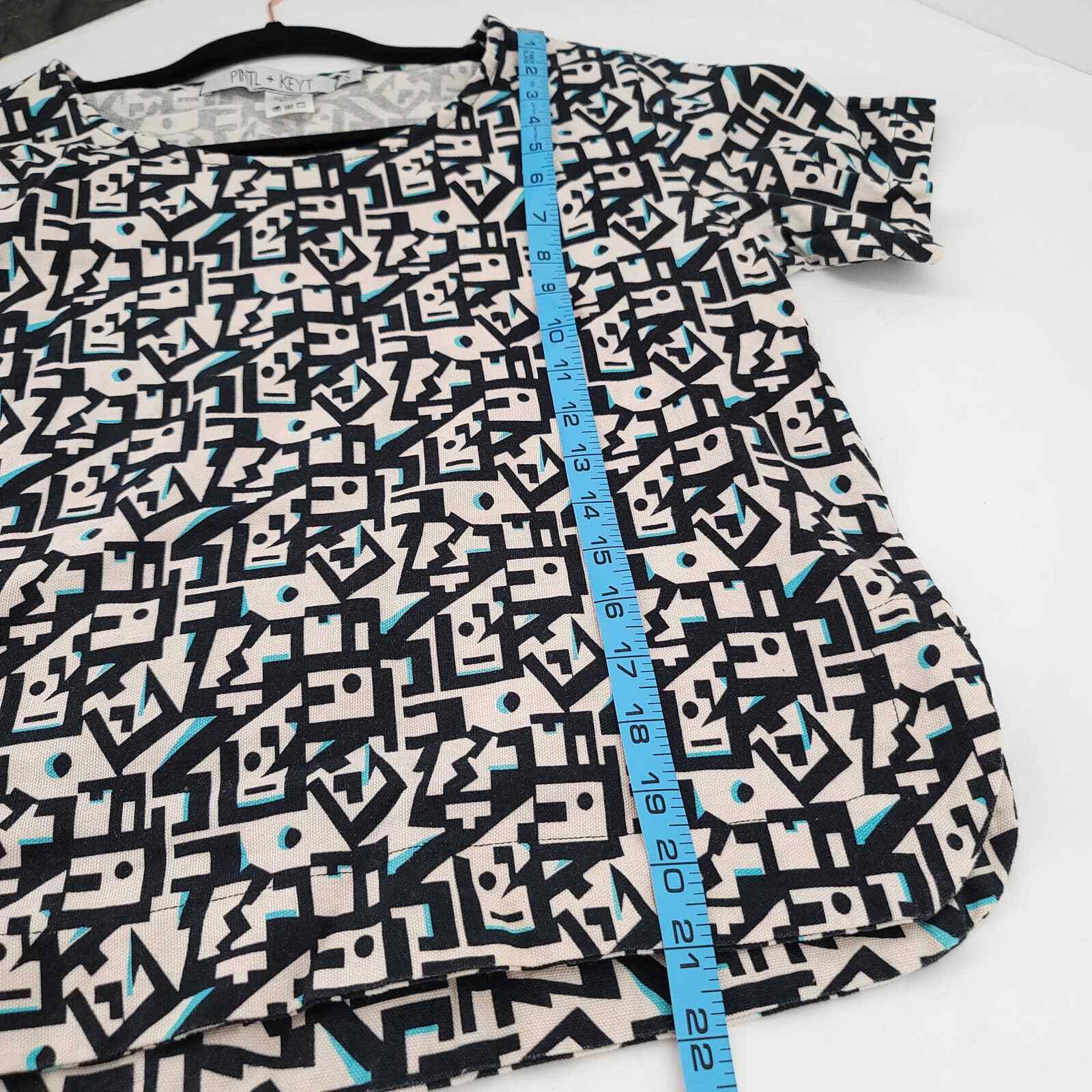 Black White Geometric Print Boxy Top Minimalist Modern Art Graphic Shirt S