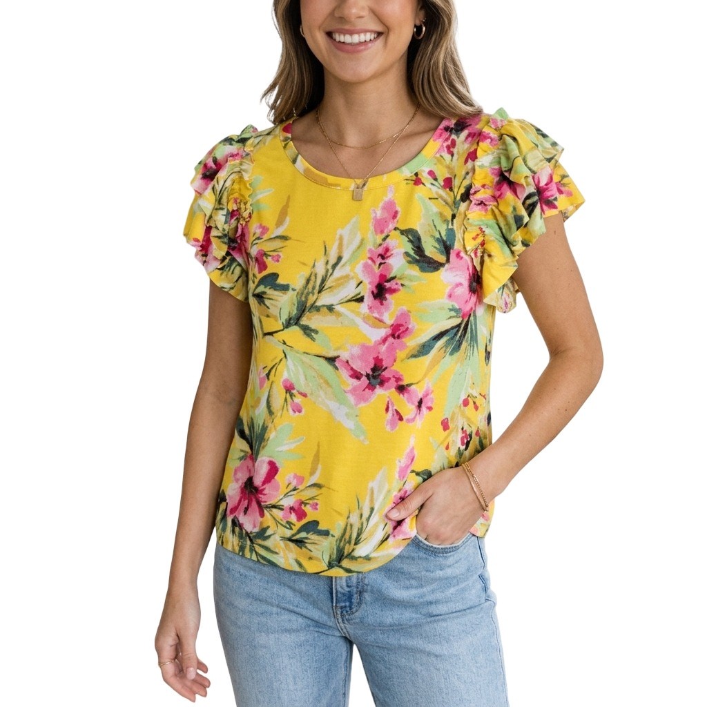 Stella & Ginger Yellow Floral Ruffle Sleeve Top NWOT Size Large