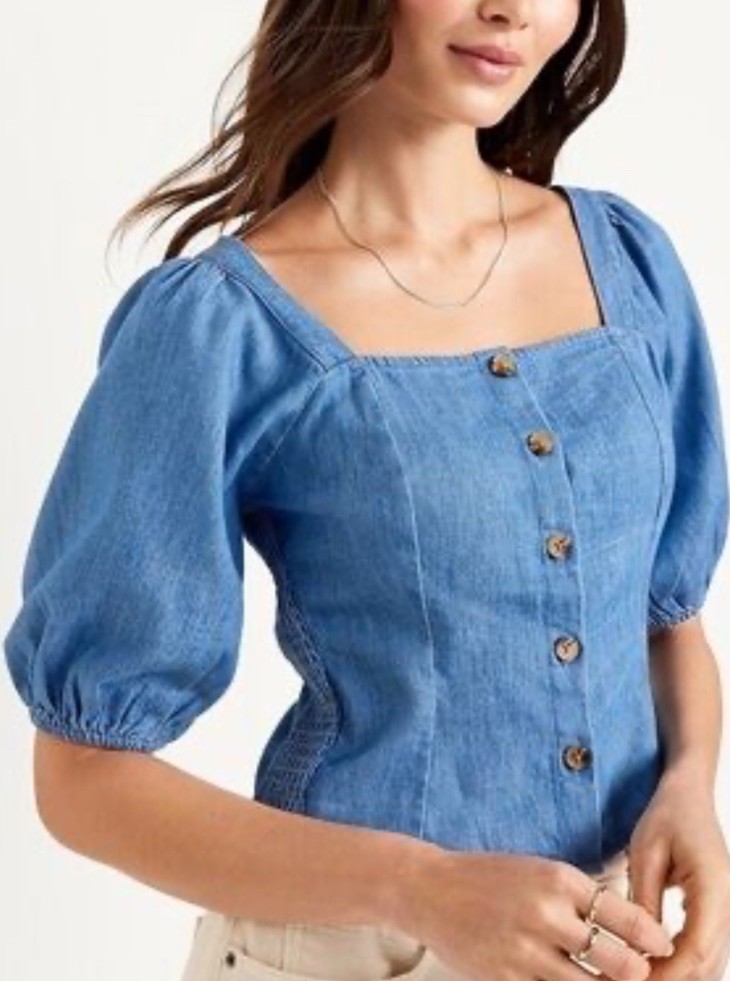 Old Navy Puff Sleep Denim Smocked Peasant Milk Maid Button Top XS Tall, 4-6￼