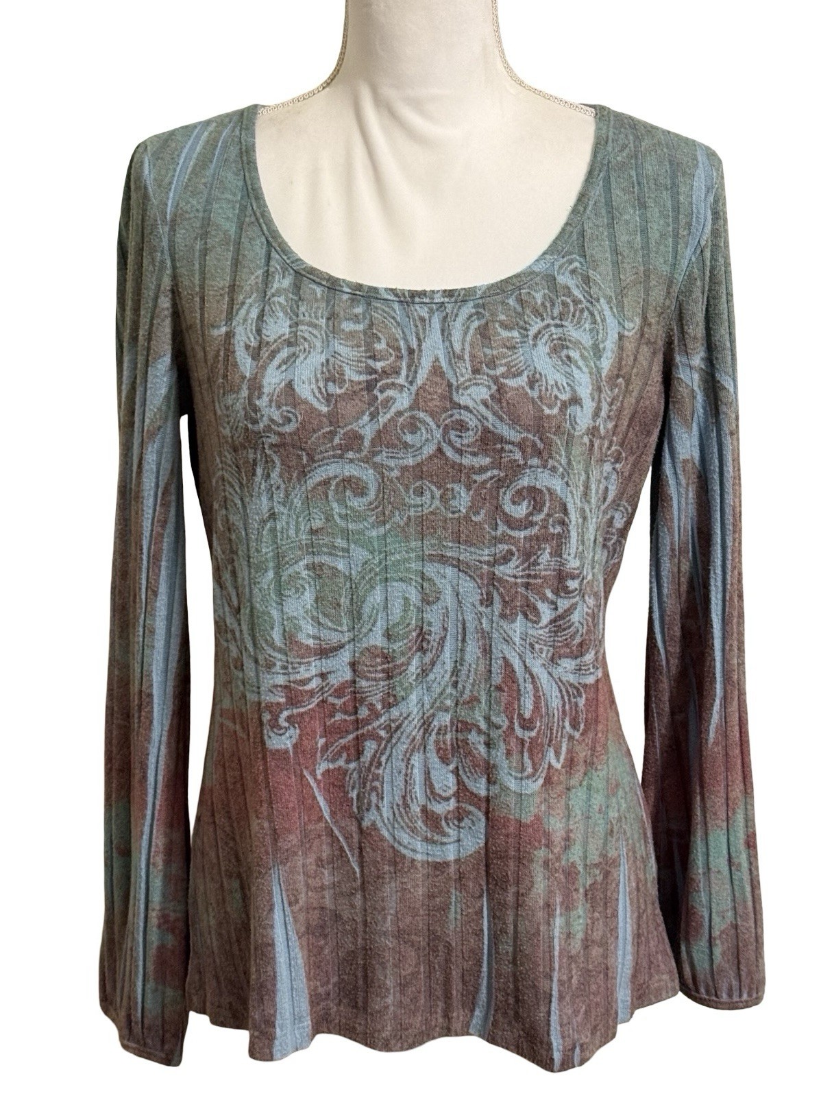 UNITY WORLD WEAR Blue & Beige Scroll Print Long Sleeve Boho Top Women’s Size L