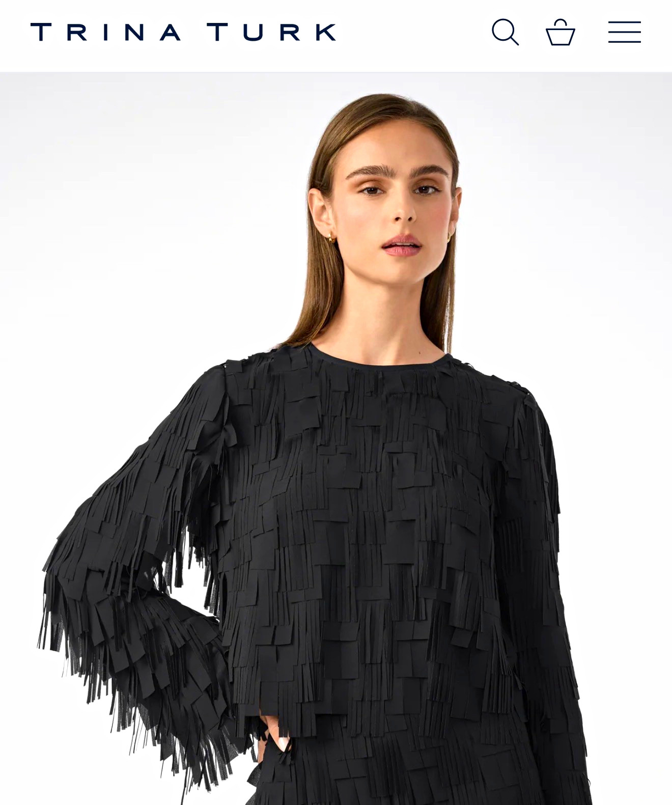 Trina Turk Black Chiffon Fringe Round Neck Long Sleeve Blouse Womens XXL