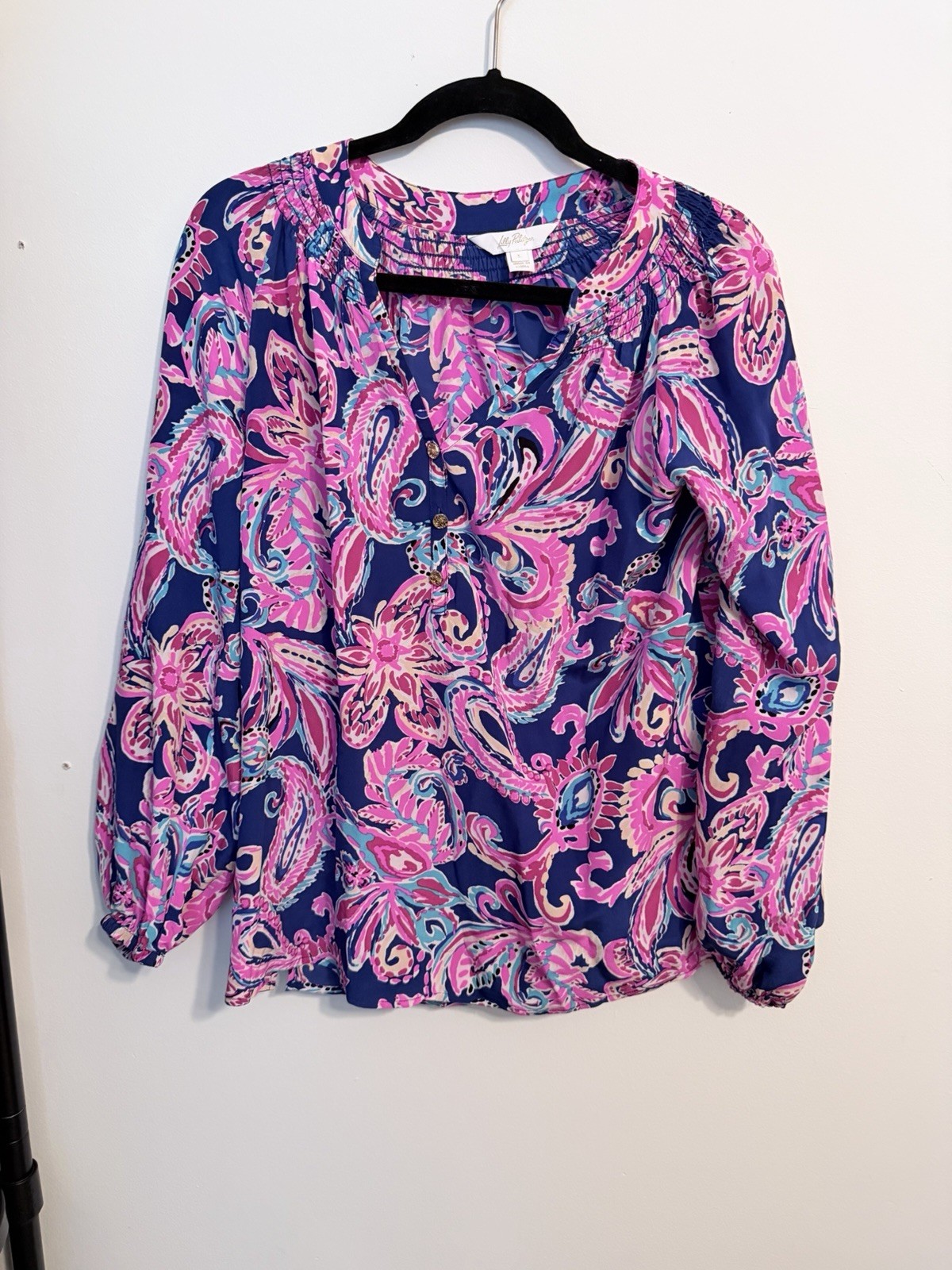 Lilly Pulitzer ELSA silk Blue Pink Paisley V-Neck Long Sleeve Blouse large