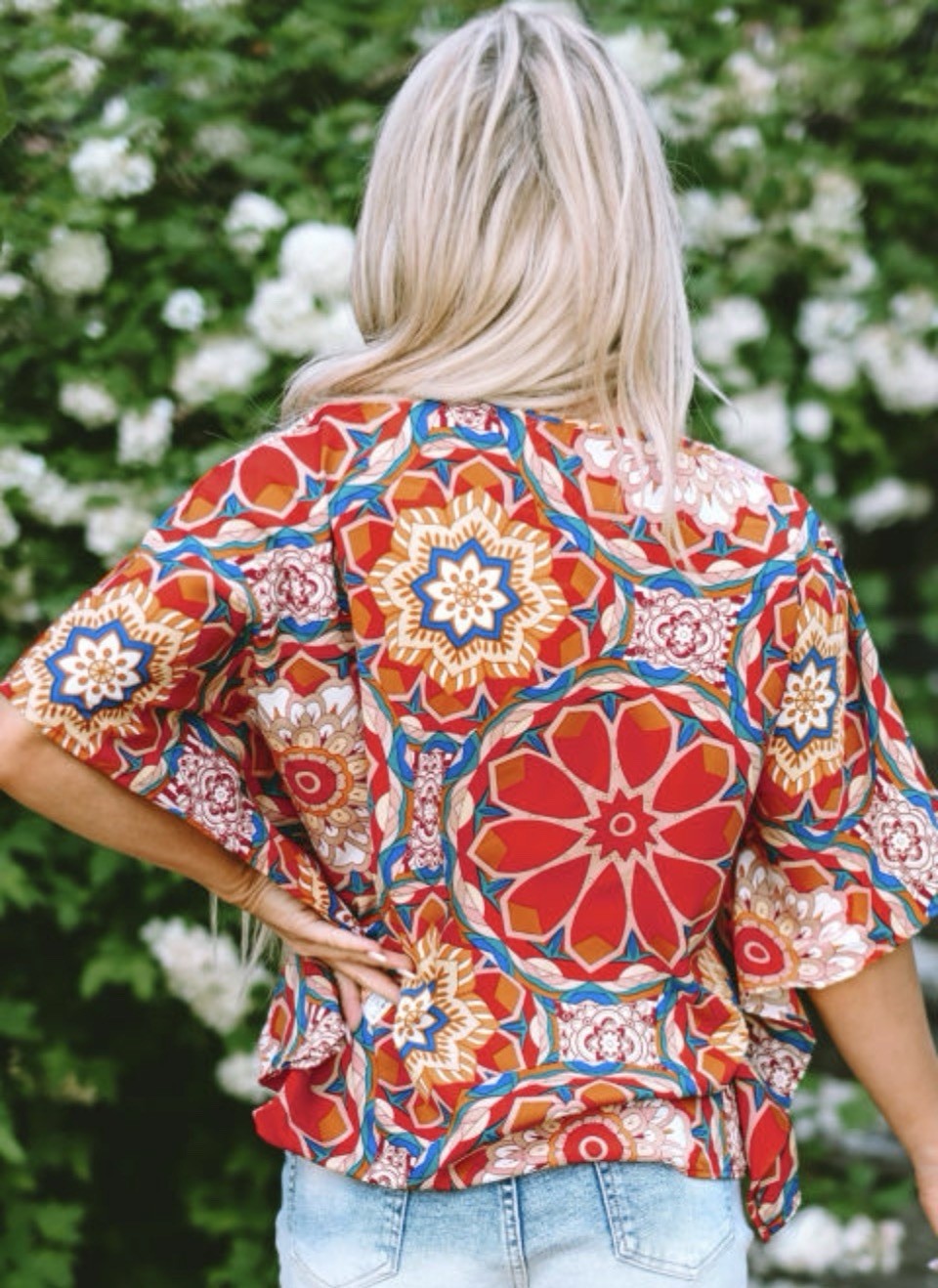 Boho Red Floral V Neck Short Sleeve Batwing Blouse