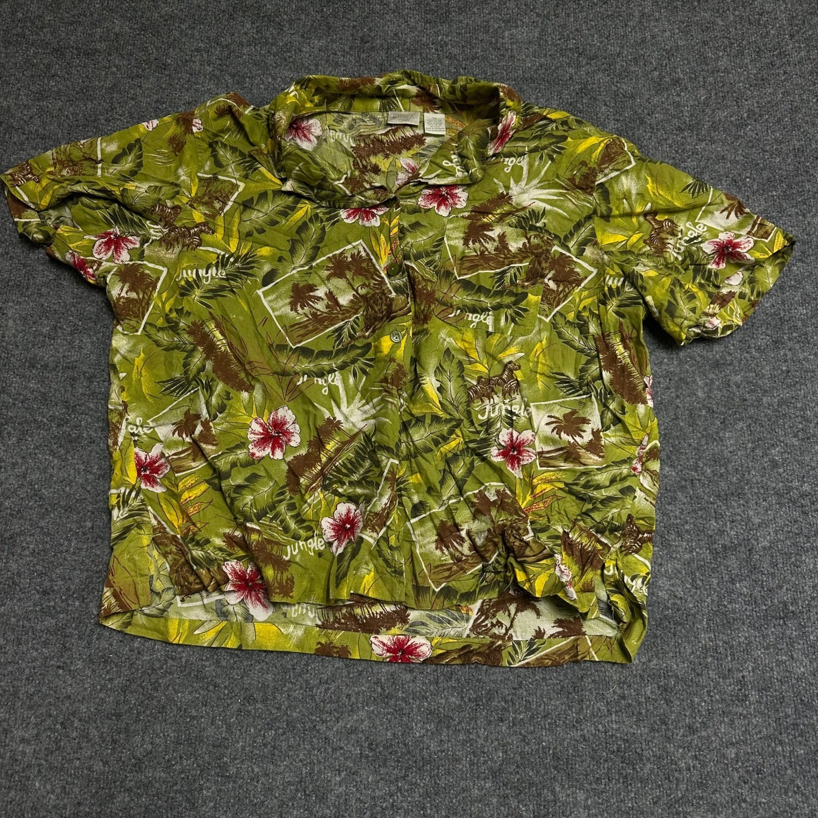 Erika Woman Button Up Shirt Womens 2X Green Tropical Jungle Cotton Viscose Aloha