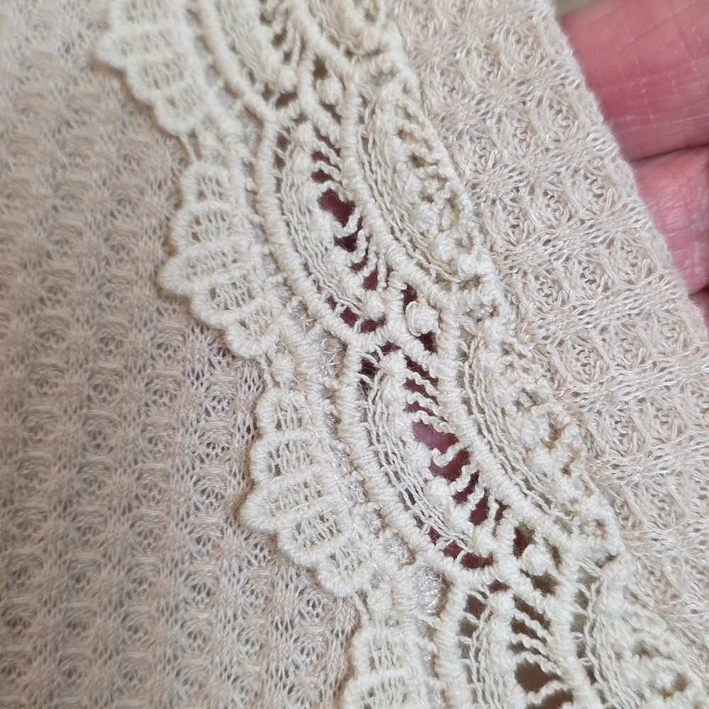 Cream Lace Trim Tie Front Top Small Oversized Waffle Knit Blouse Minimalist