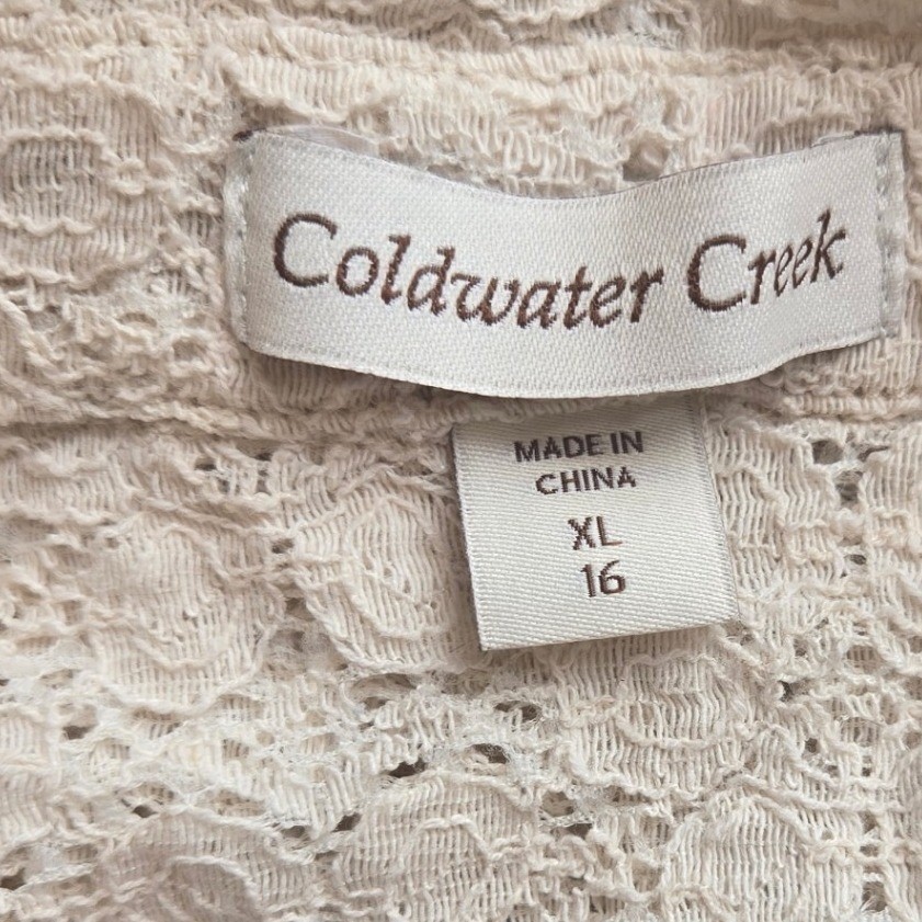 Coldwater Creek Button Down Top Cream 3/4 Sleeve Lace Grandma Cottagecore Medium