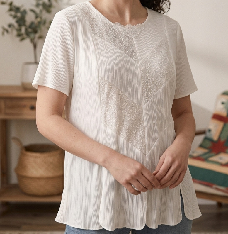 S.L. Fashions Women’s Blouse-Ivory Color Crinkle Fabric Lace Embroidery Size 30W