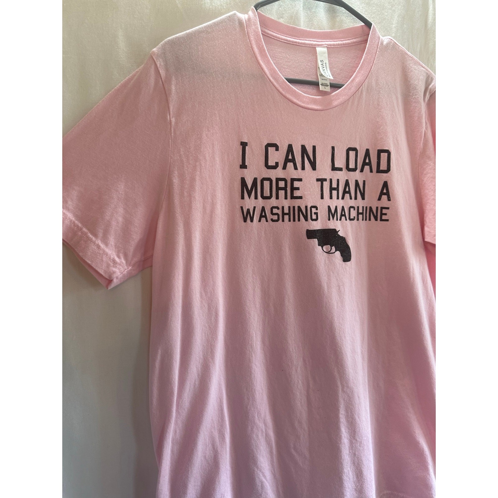 Pink Graphic Tee “I Can Load More Than a Washing Machine” (Size L)