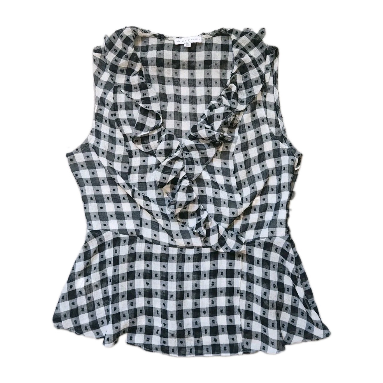 Maison D’Amelie Paris Gingham Faux Wrap Blouse Ruffle Sleeveless Sz M EUC