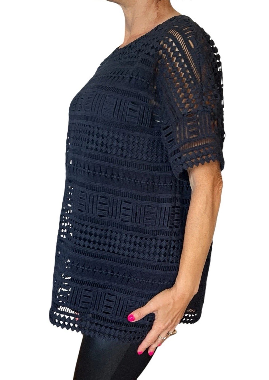 VINCE Crochet Lace Bateau Neckline Short Sleeve Top Blouse Dark Midnight Blue M