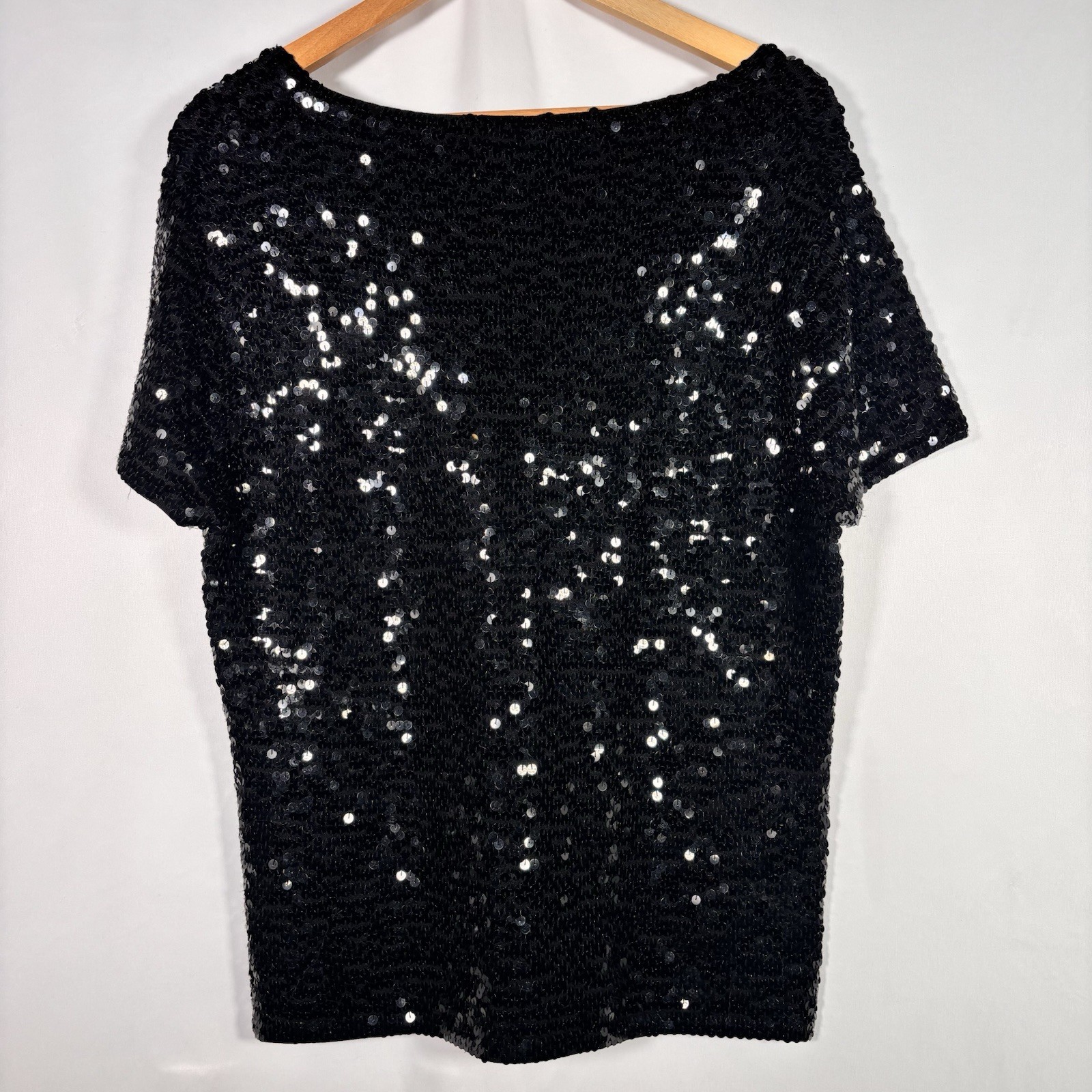 Silk Sequin Top Womens Large Going Out Blouse Evening Glam Cocktail Party Black