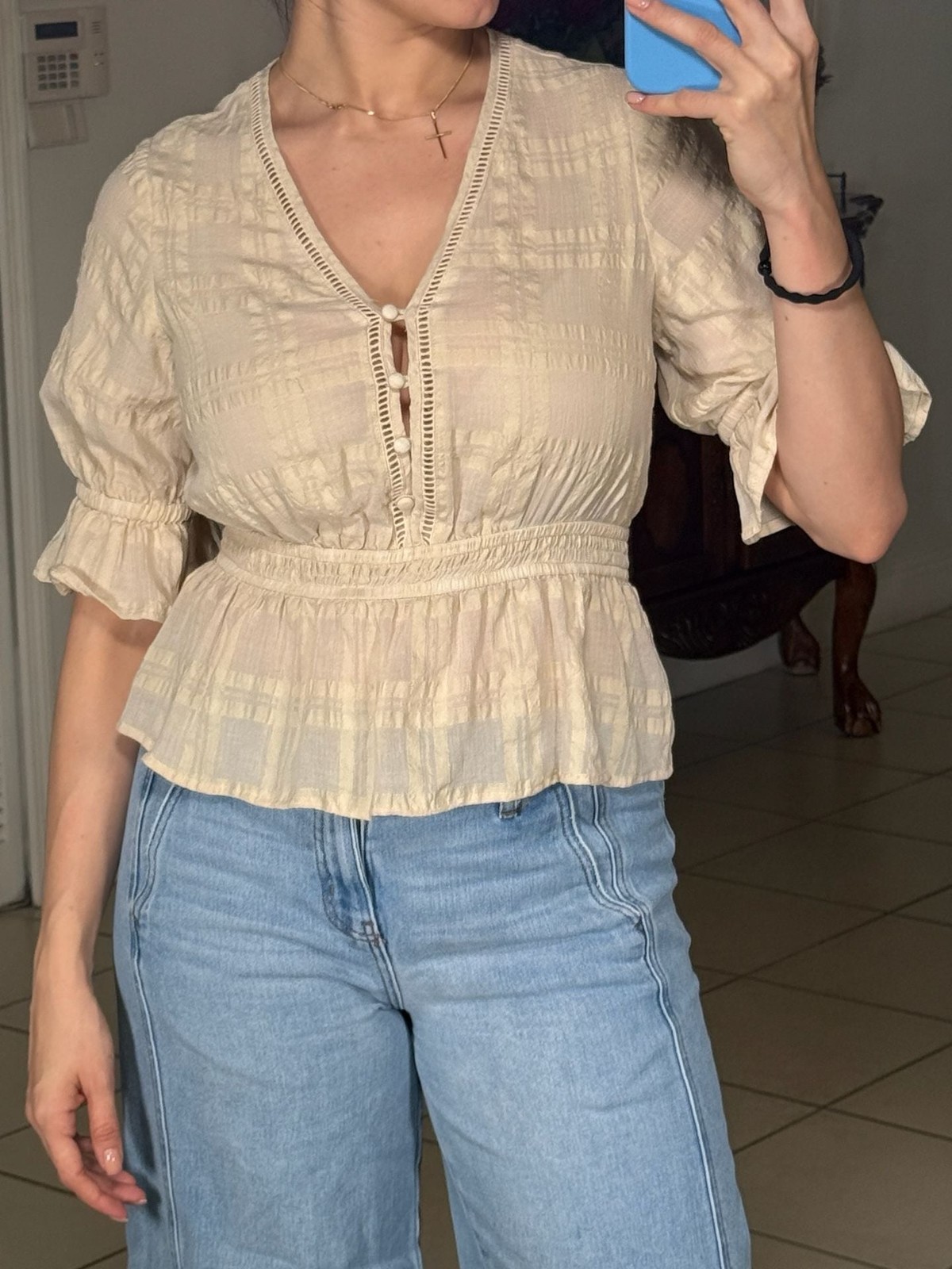 Express Beige Textured Plaid V-Neck Smocked Waist Peplum Blouse Size S